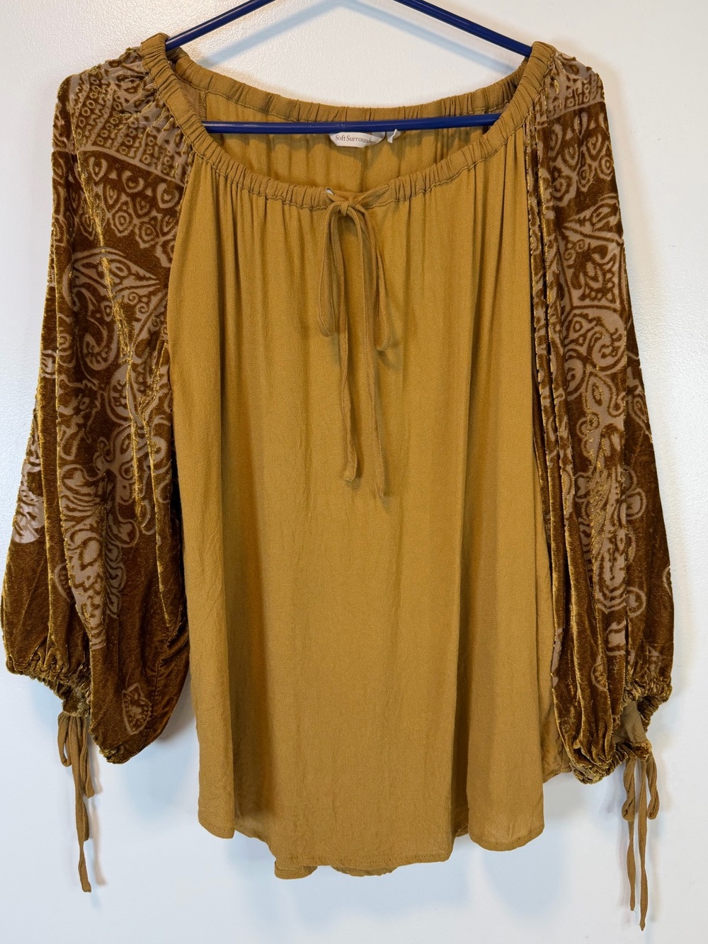 Soft Surroundings Mustard Velvet-Sleeve Peasant Tunic Boho Flowy Women’s Large